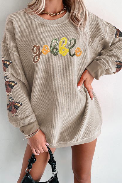 Thanksgiving Turkey Sequin Gobble Corded Sweatshirt