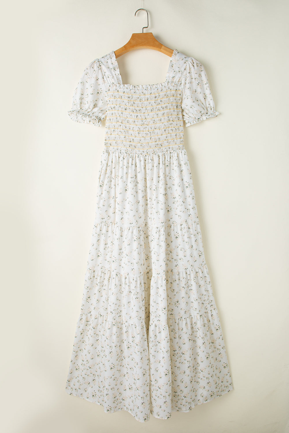 White Floral Shirred Smocked Tiered Maxi Dress