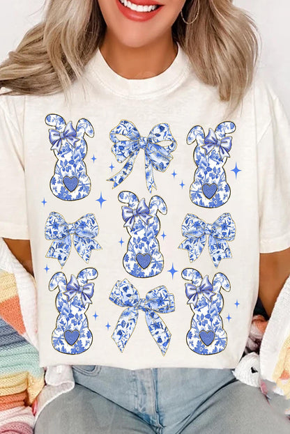 Easter Blue Floral Bunny Bow Graphic Spring Casual Tee