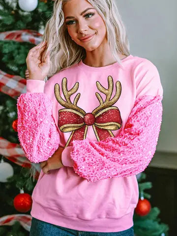 Christmas Pink Sequin Sleeve Reindeer Bow Pullover