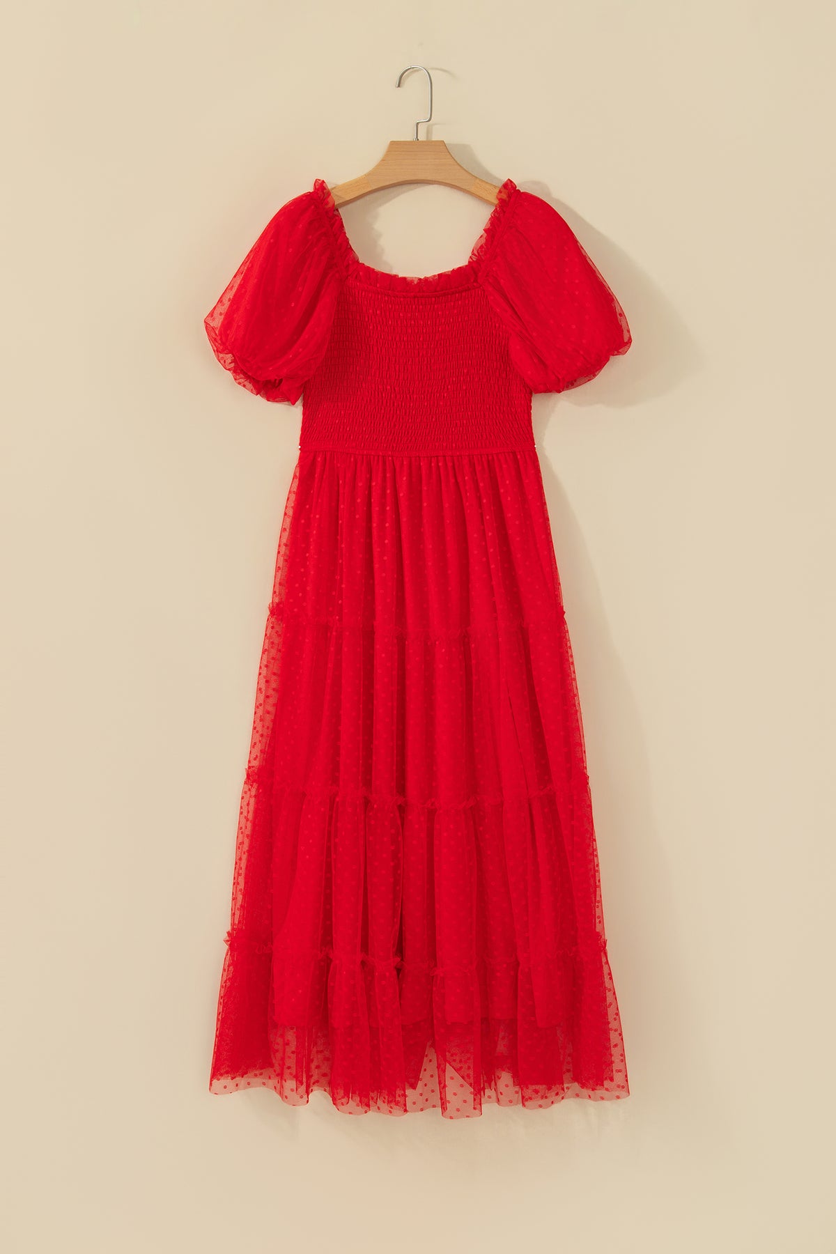 Fiery Red Tiered Tulle Smocked Bodice Puff Sleeve Dress