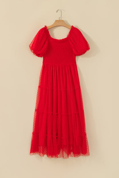 Fiery Red Tiered Tulle Smocked Bodice Puff Sleeve Dress