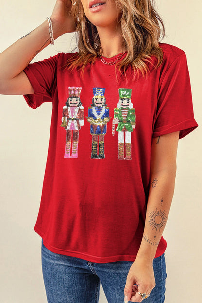 Red Sequined Christmas Graphic Cuffed Short Sleeve T Shirt