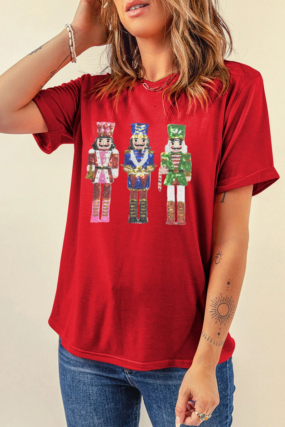 Red Sequined Christmas Graphic Cuffed Short Sleeve T Shirt