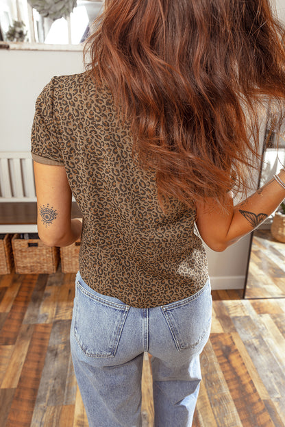 Western Leopard Print Crew Neck Casual Tee for Women
