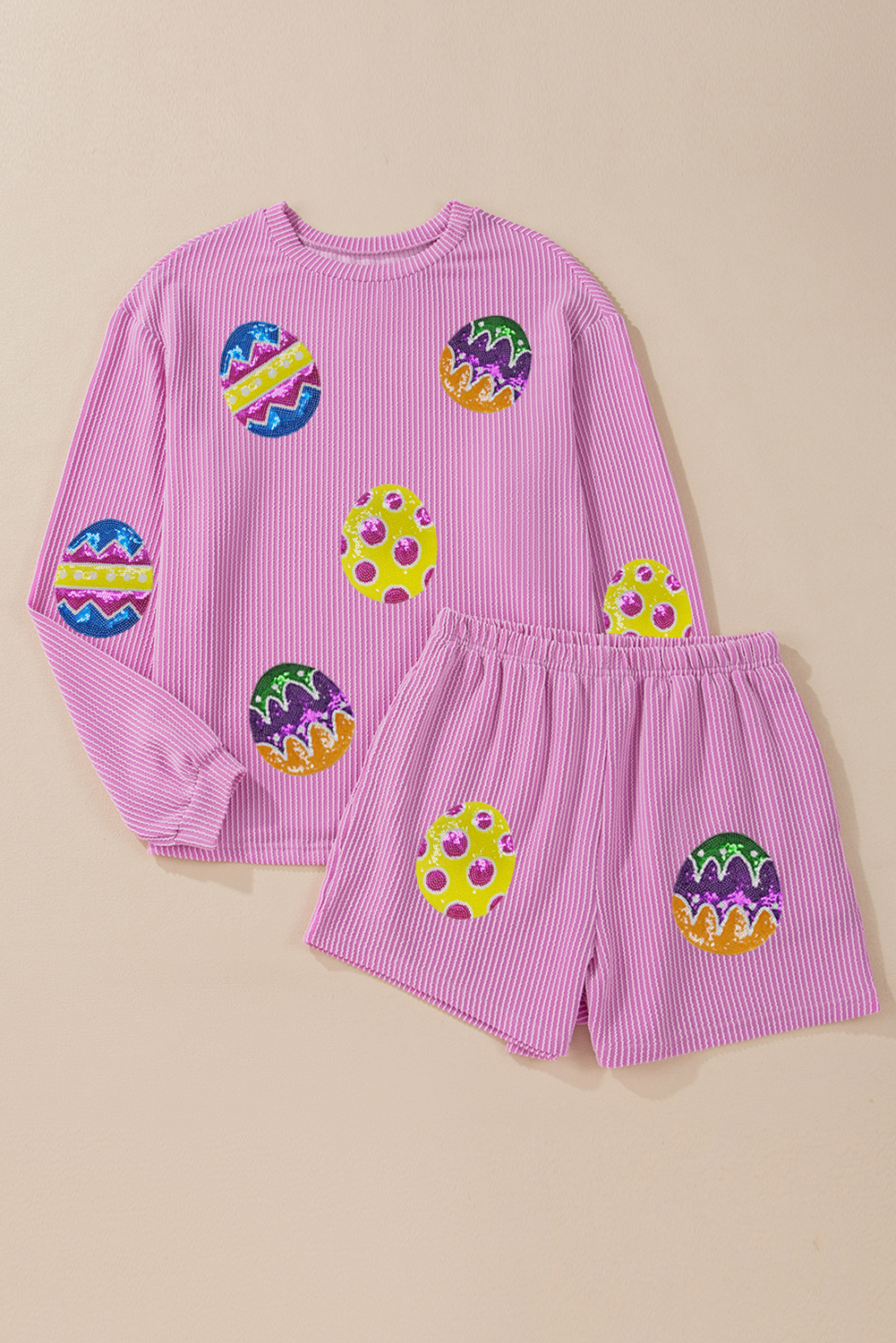Easter Egg Graphic Corded Rib Long Sleeve Shorts Set