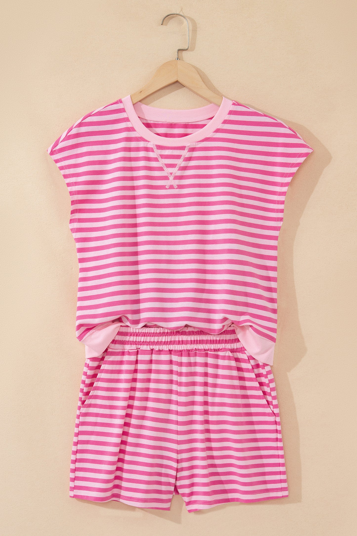 Pink Stripe Cap Sleeve Top and Elastic Waist Shorts Set