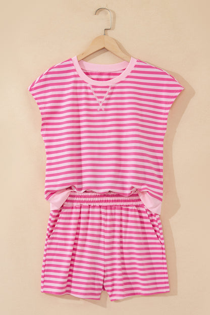 Pink Stripe Cap Sleeve Top and Elastic Waist Shorts Set