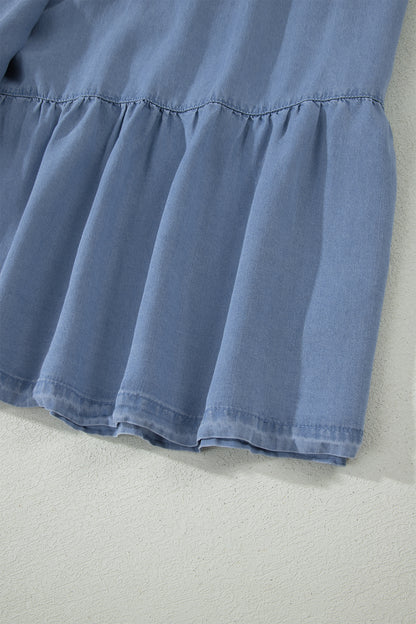 Blue Tiered Denim Maxi Skirt Elastic Waist Casual Summer