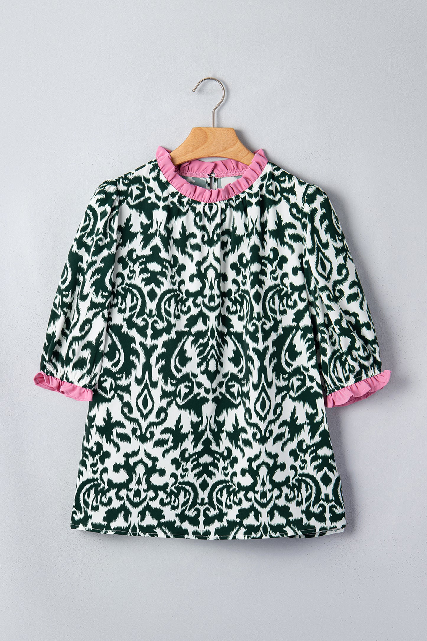 Damask Print Ruffle Trim Half Sleeve Casual Blouse