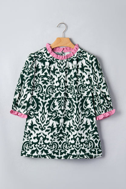 Damask Print Ruffle Trim Half Sleeve Casual Blouse