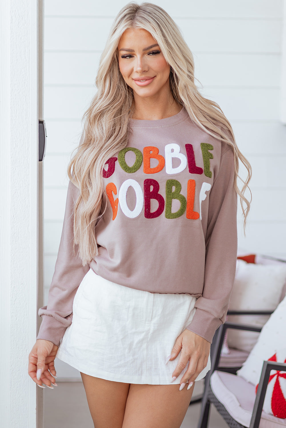 Khaki Gobble Gobble Chenille Letter Thanksgiving Sweatshirt