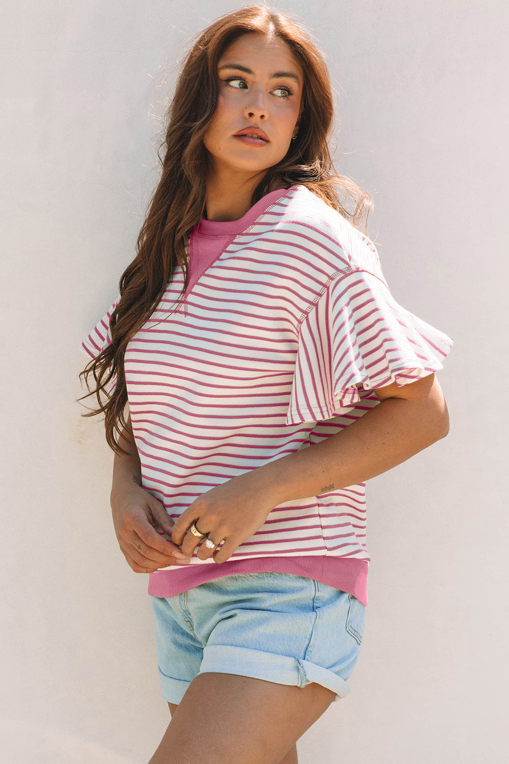 Green Striped Ruffle Sleeve Contrast Casual Top