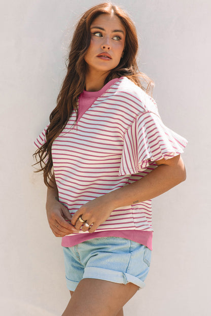 Green Striped Ruffle Sleeve Contrast Casual Top