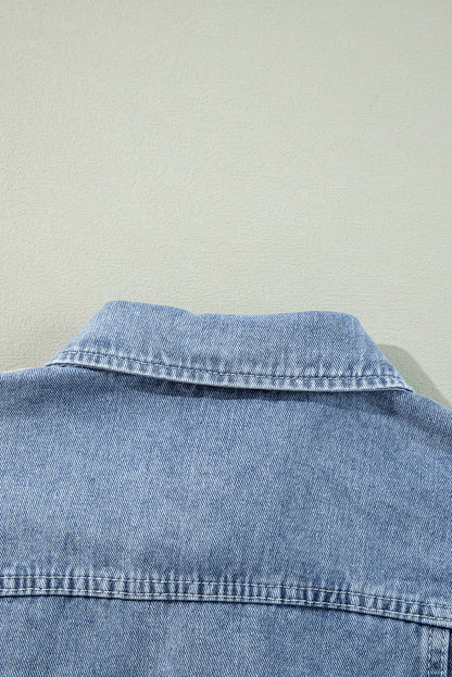 Beau Blue Ruffle Raw Hem Flap Pocket Denim Jacket