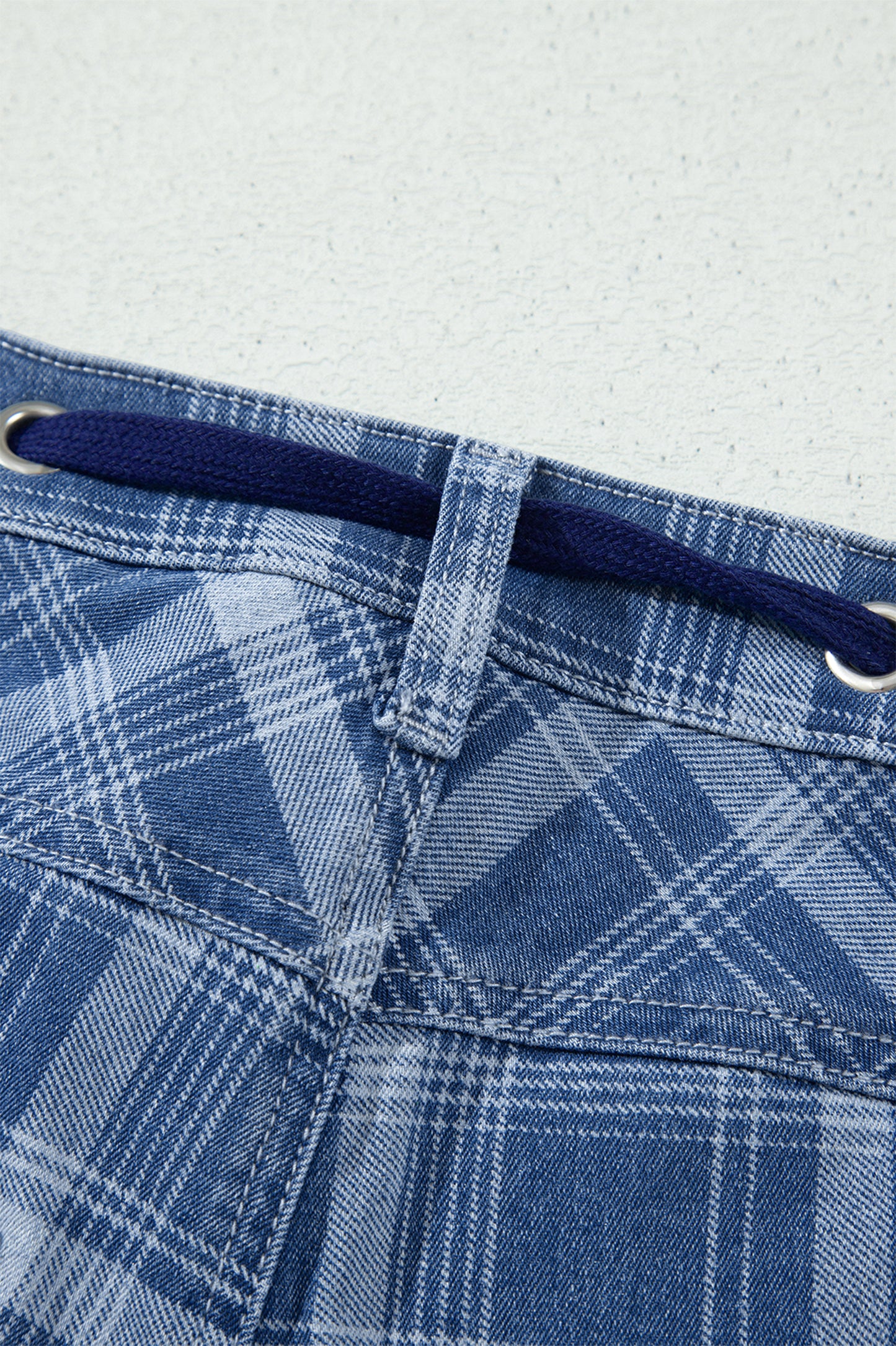 Plaid Denim Drawstring Wide Leg Utility Jeans
