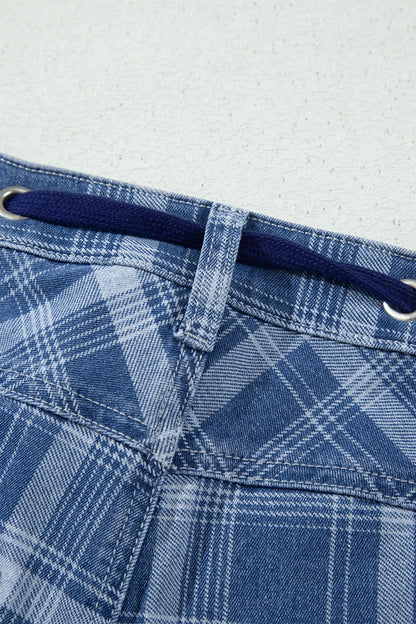 Plaid Denim Drawstring Wide Leg Utility Jeans