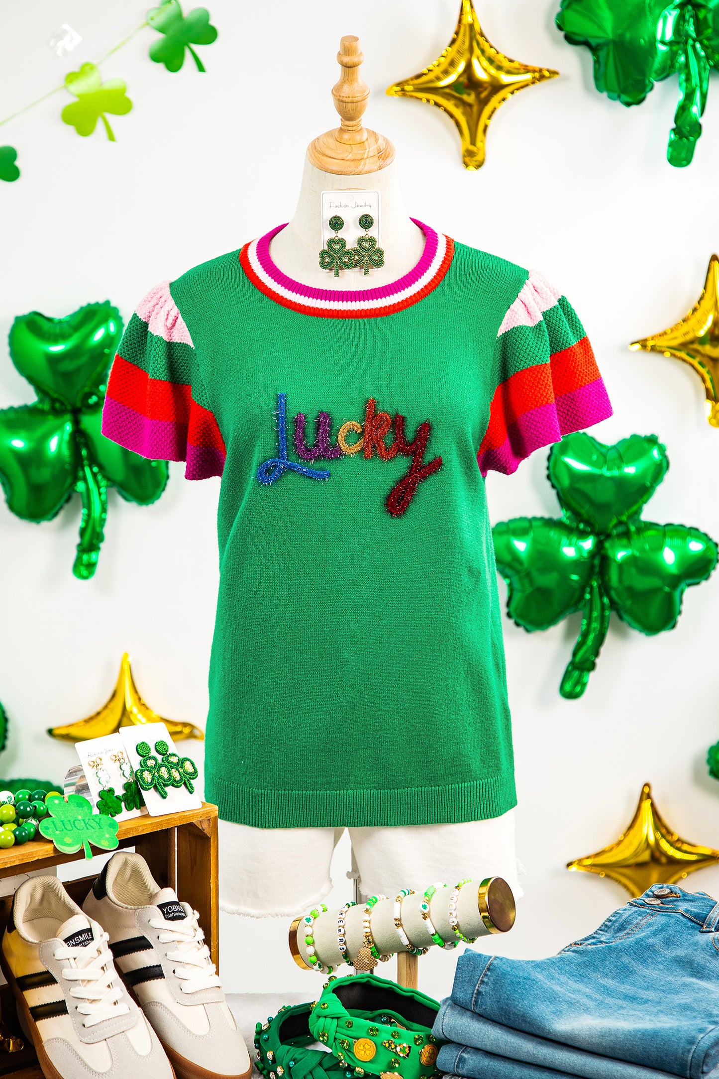 Green St Patrick Lucky Embroidered Striped Sleeve Knit Tee