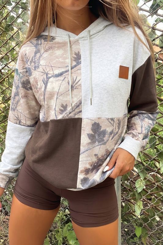 Camo Colorblock Hoodie Western Drawstring Pullover