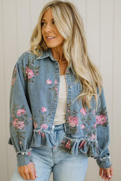 Floral Denim Jacket Ruffle Hem Puff Sleeve Cropped