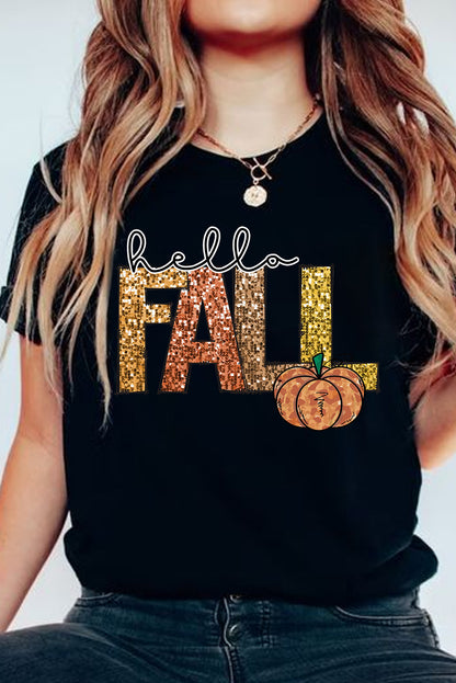 Black Hello Fall Pumpkin Graphic Thanksgiving T Shirt