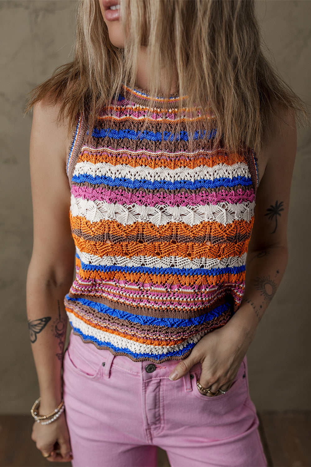 Boho Striped Crochet Knit Tank Sleeveless Sweater