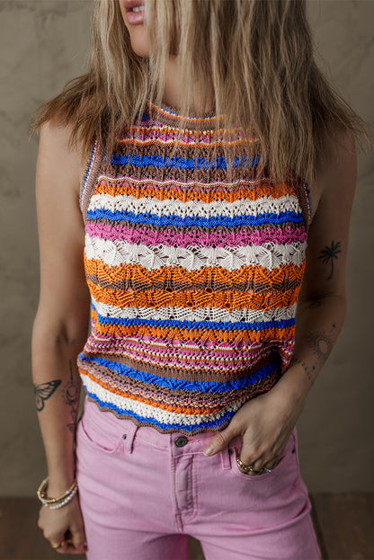 Boho Striped Crochet Knit Tank Sleeveless Sweater