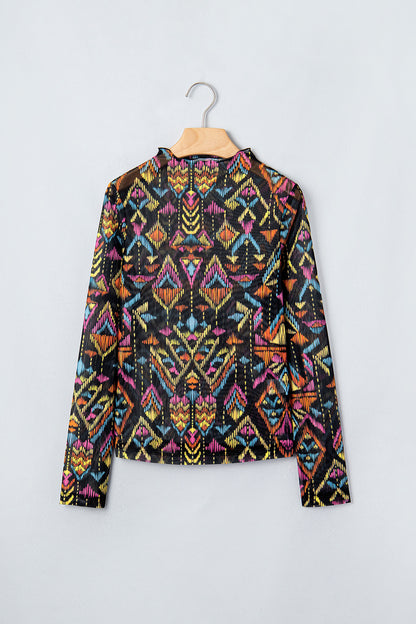 Abstract Print Mock Neck Mesh Long Sleeve Top