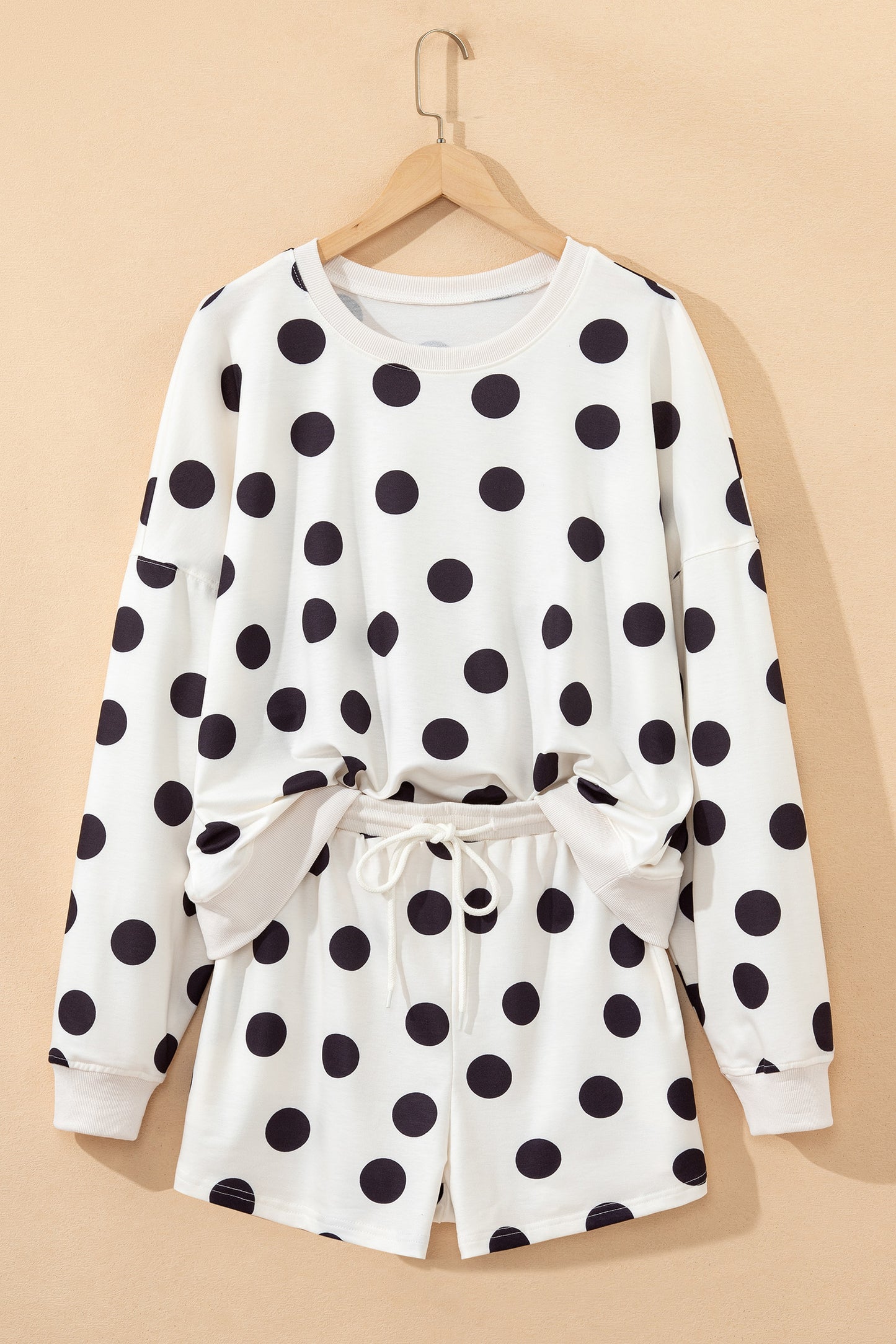 Pink Polka Dot Drop Shoulder Pullover Shorts Set