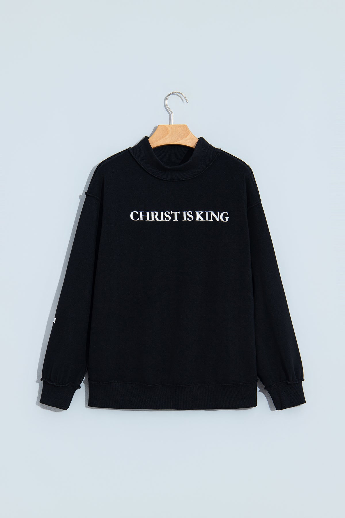 Black CHRIST IS KING Embroidery High Neck Baggy Sweatshirt