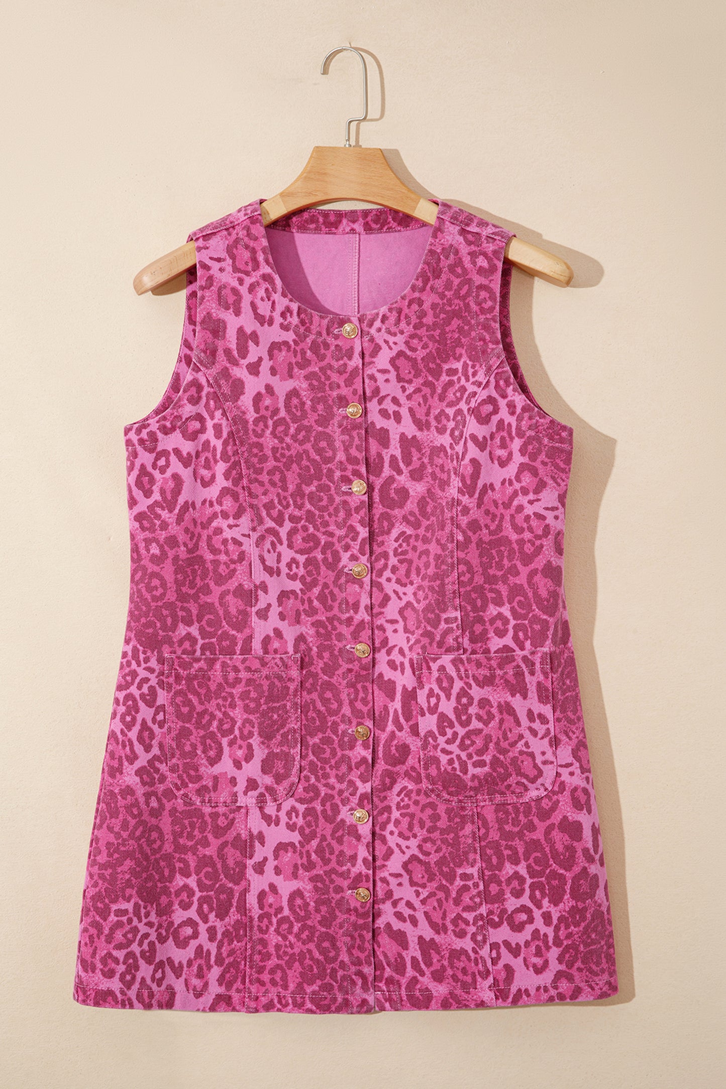 Leopard Print Button Front Sleeveless Shift Mini Dress