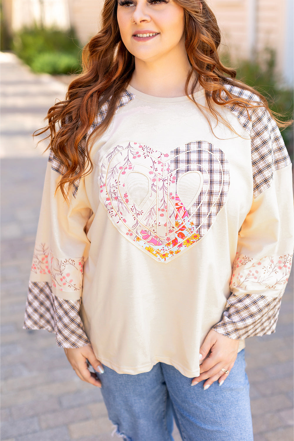 Plaid Floral Peace Heart Graphic Wide Long Sleeve Top