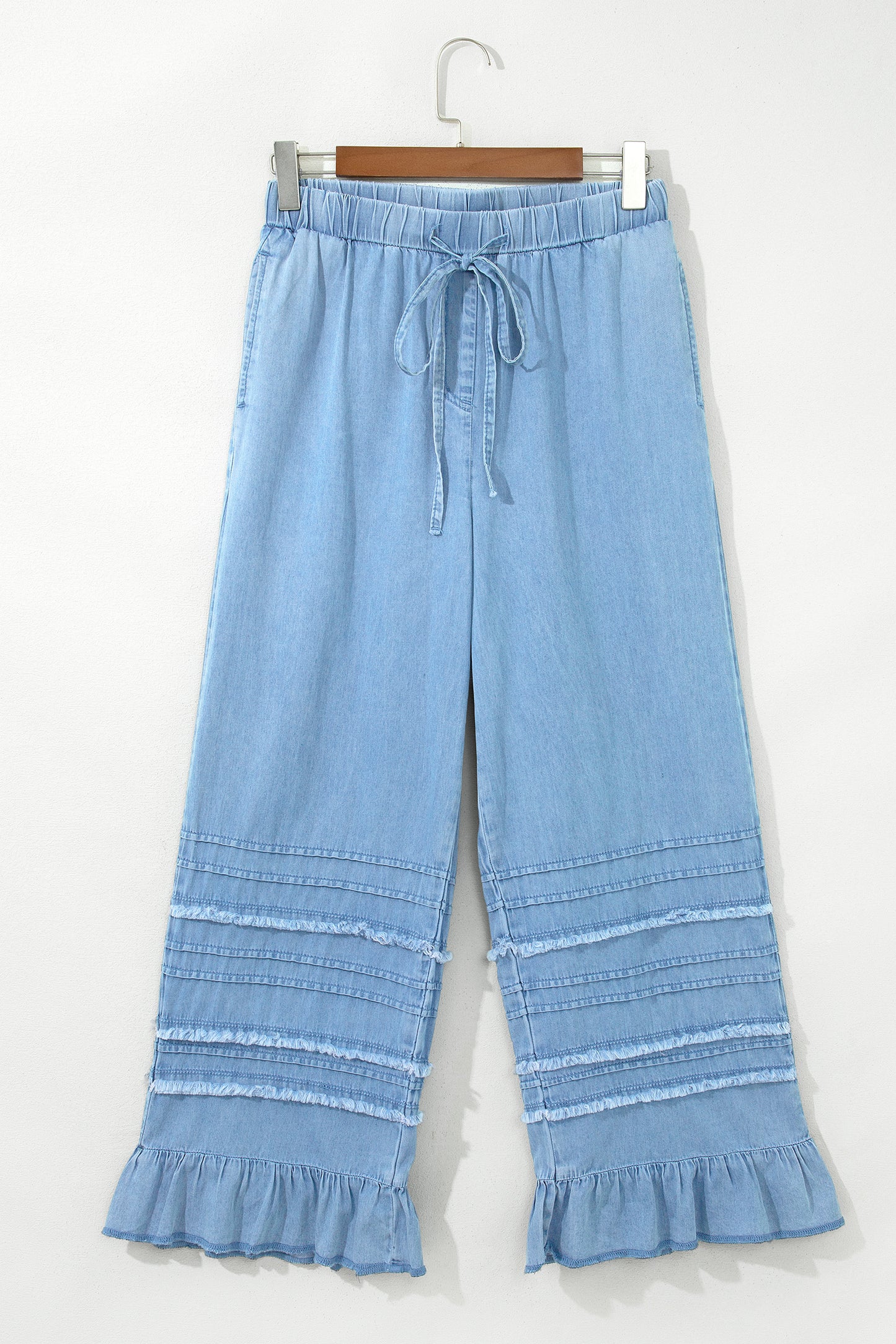 Beau Blue Ruffled Hem Wide Leg Chambray Pants
