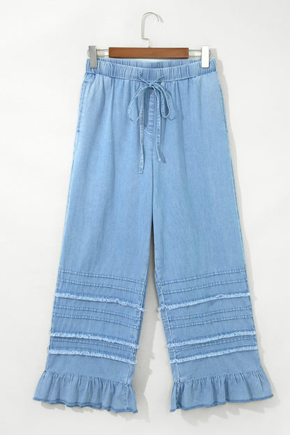 Beau Blue Ruffled Hem Wide Leg Chambray Pants