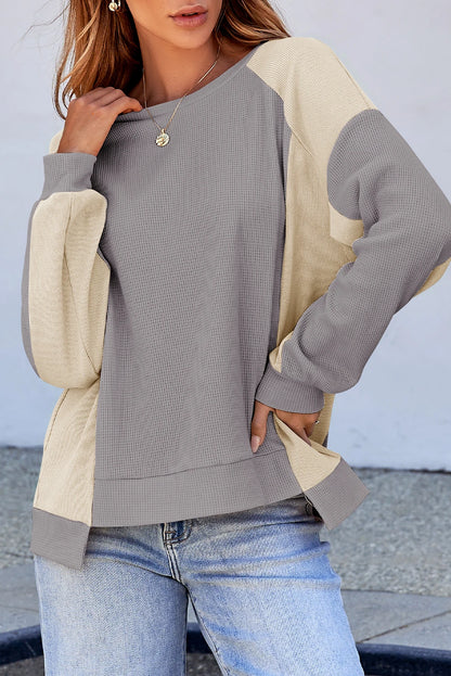 Color Block Waffle Knit Raglan Sleeve High Low Pullover