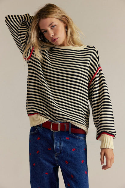 Stripe Knit Oversized Sweater Crew Neck Pullover Top