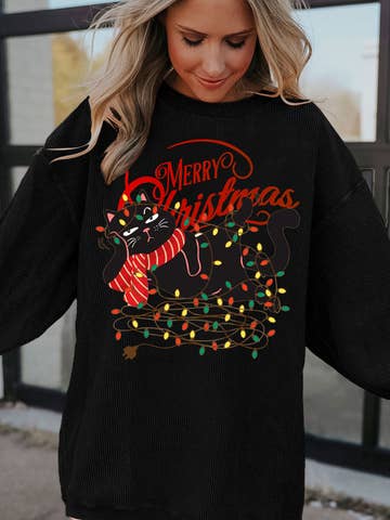 Christmas Cat Graphic Light String Corded Pullover Sweatshirt