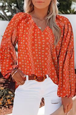 V-neck Chiffon Blouse Women Lantern Sleeve T Blood Crushed Chiffon Plus Size Shirt