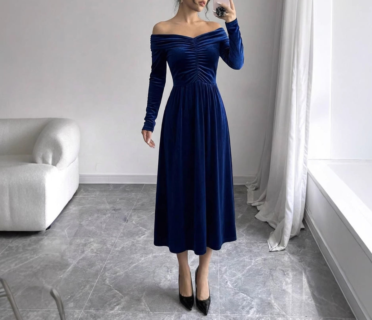 Women's Velvet Off Shoulder Ruched Long Sleeve Maxi Dress