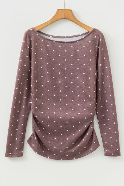 Dark Brown Polka Dot Boat Neck Long Sleeve Knit Top