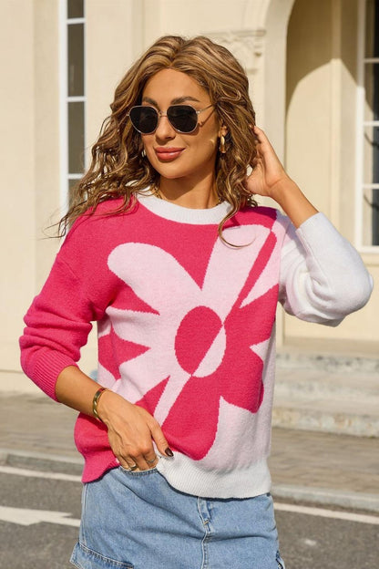 Colorblock Floral Knit Sweater – Pullover Top for Fall Women