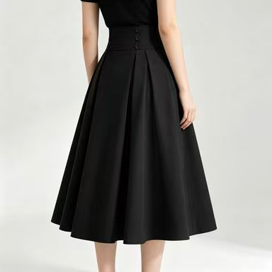 Women's High Waist Pleated A-Line Midi Skirt Button Detail
