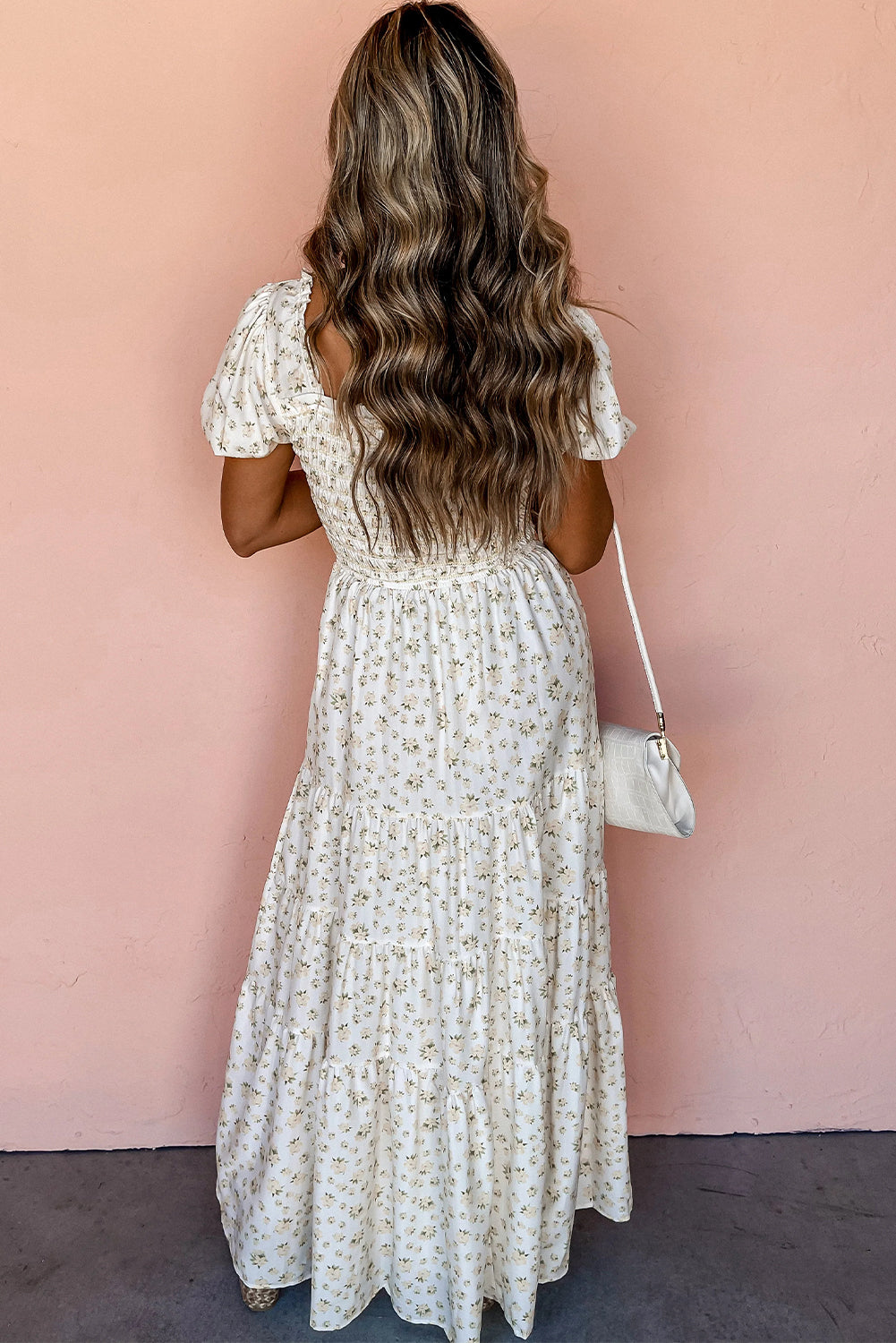 White Floral Shirred Smocked Tiered Maxi Dress