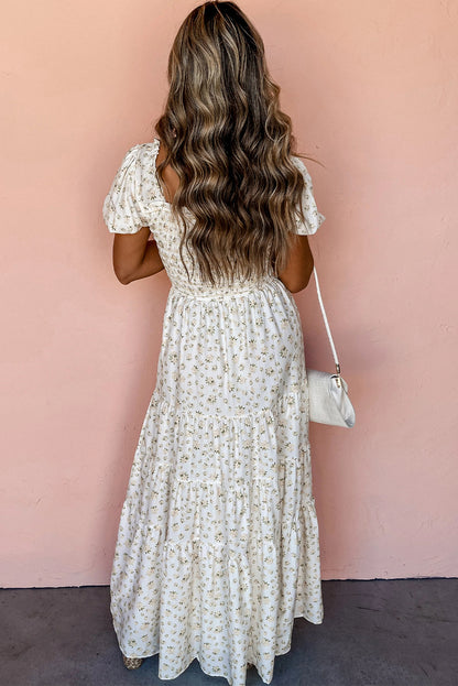 White Floral Shirred Smocked Tiered Maxi Dress