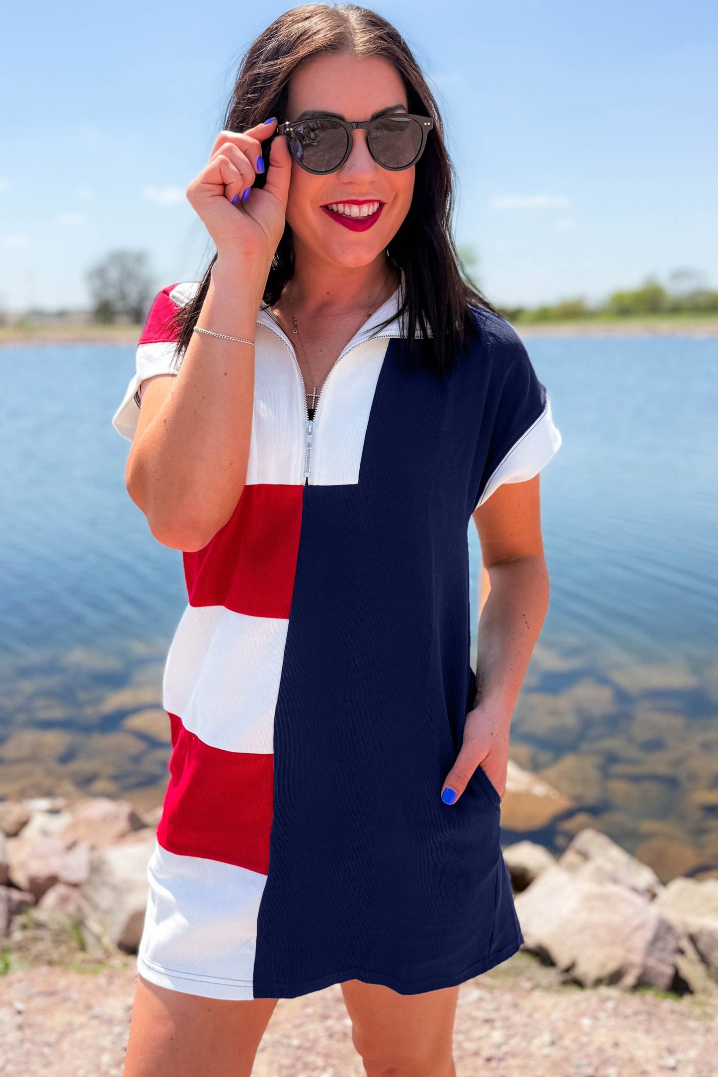 Americana Colorblock Zip Collar Flag Day Dress Independence