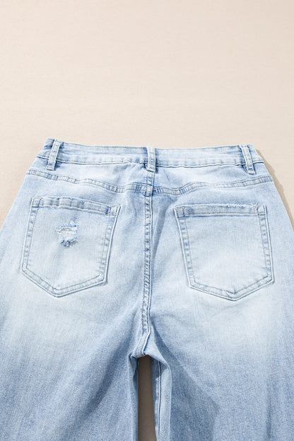 Light Wash Distressed Straight Leg Jeans Raw Hem Denim