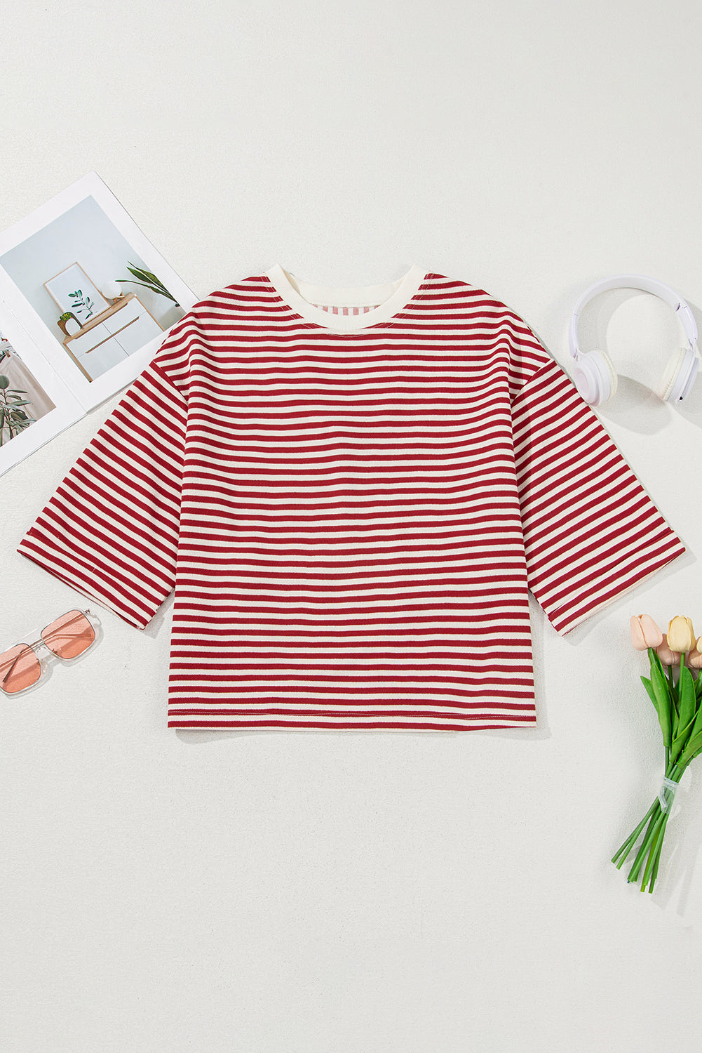 Red Stripe Bow Cutout Back Drop Shoulder Loose Tee