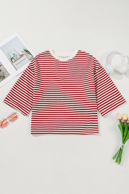 Red Stripe Bow Cutout Back Drop Shoulder Loose Tee