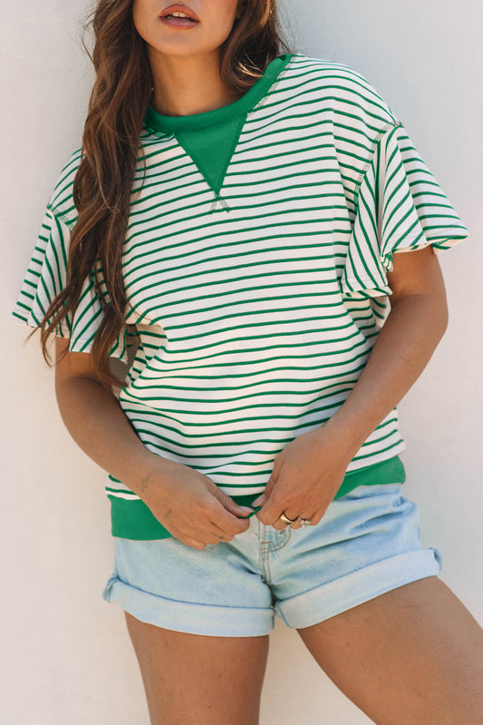 Green Striped Ruffle Sleeve Contrast Casual Top