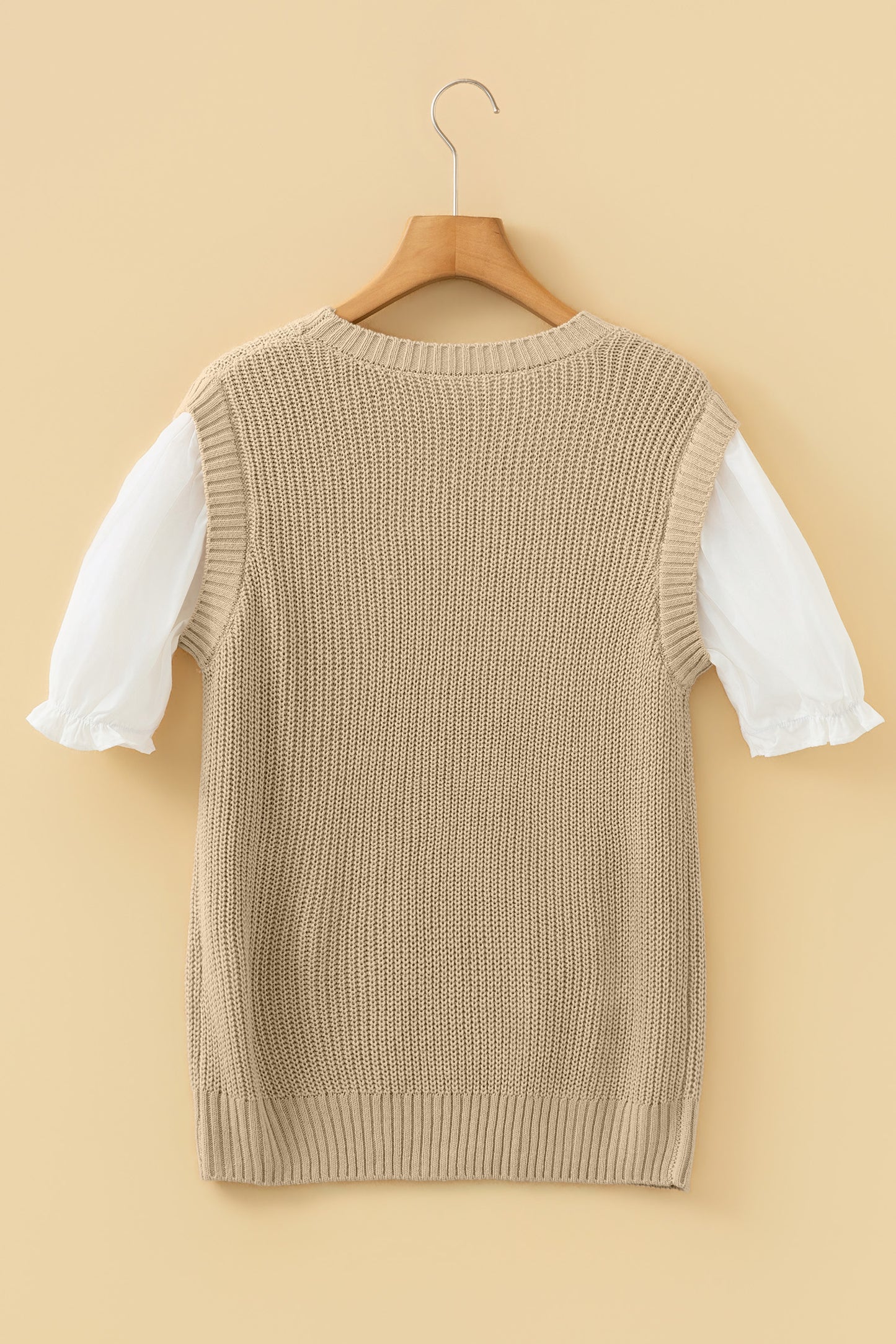 Light French Beige Contrast Short Sleeve Patchwork Sweater
